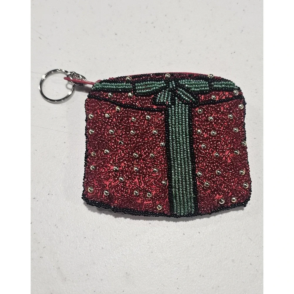 Beaded Christmas Present‎ Coin Purse Keychain Zip Pouch Red Green Holiday